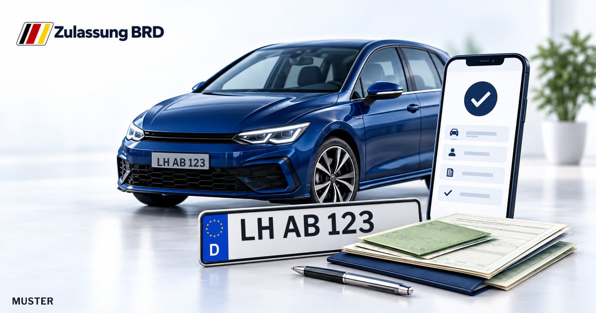 Online Fahrzeugzulassung in Fröndenberg/Ruhr: Musterkennzeichen LH AB 123, Auto und Fahrzeugpapiere und Smartphone. Illustration mit Logo von Zulassung BRD.